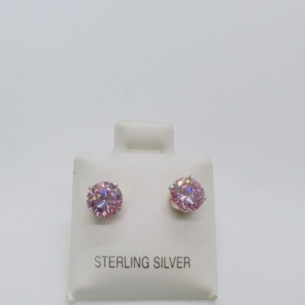 New Pink Round CZ Silver Stud Earrings